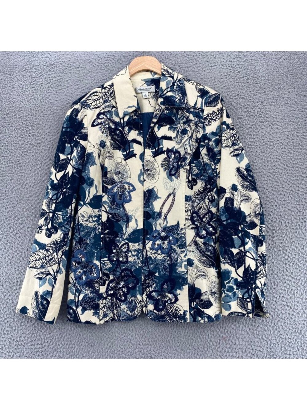 Coldwater Creek Jacket Womens 6 White Blue Floral Cotton Sequin Bead Embroidery